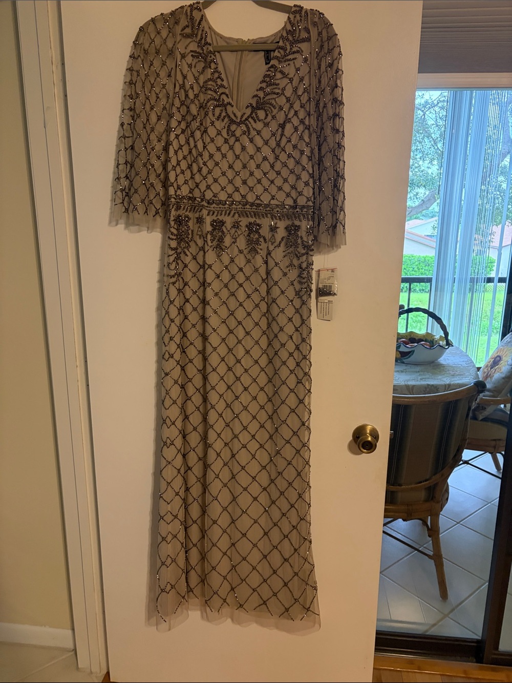 Aidan Mattox Beaded V-Neck Gown in Champagne and Black
